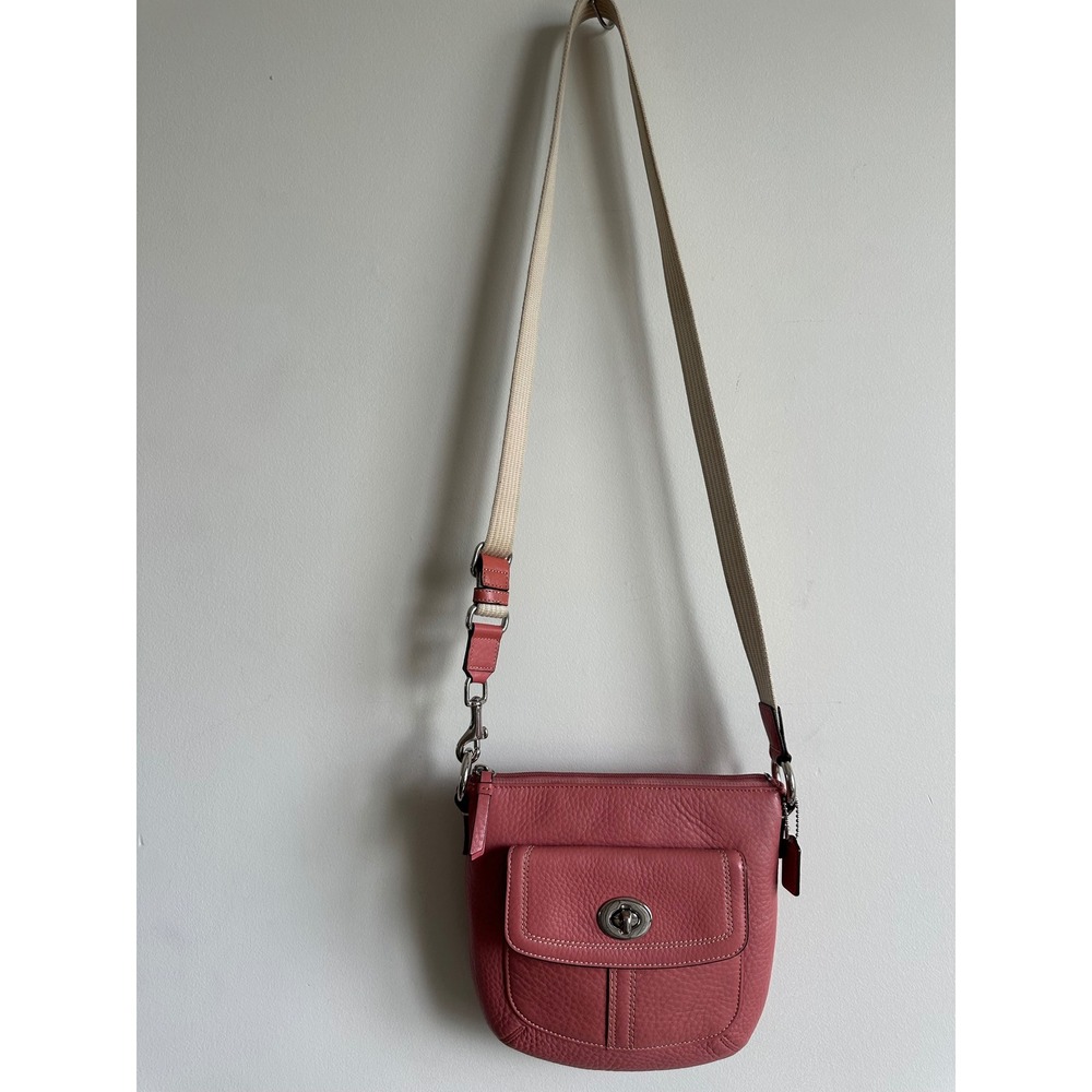 Coach Coral Pink Pebbled Leather Crossbody Bag Turnlock Pocket Silver Hardware